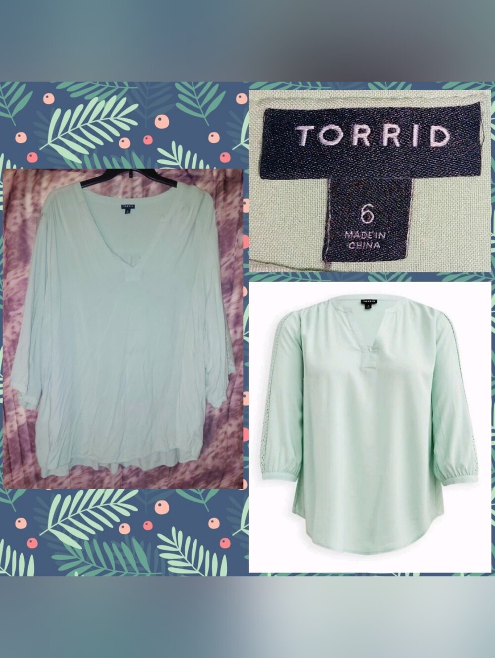 Torrid brand Light(Mint)Green Challis w/Embroidered L/S Top Sz 6|6X|30